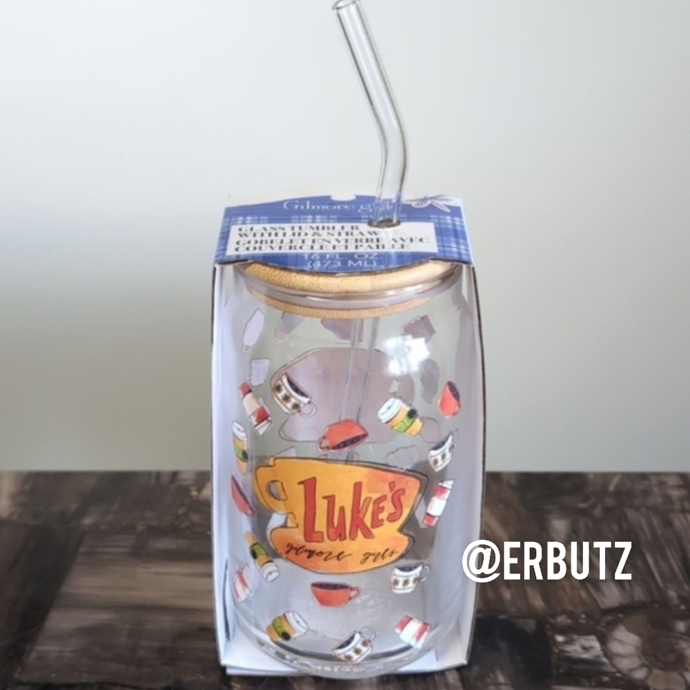 Gilmore Girls LUKE'S Glass Tumbler w/ Straw & Lid, Double Sided Coffee Design ☕ - Picture 2 of 7